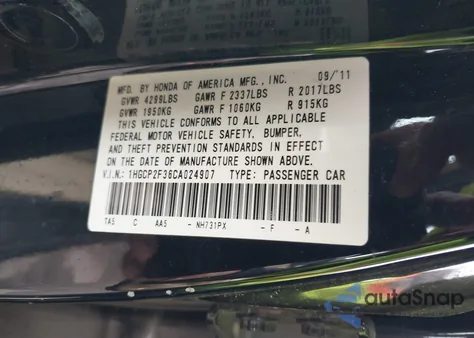 2012 Honda Accord 2.4 Lx from USA, damaged, VIN 1HGCP2F36CA024907